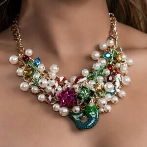 Betsey Johnson Santa Mermaid‎ Candy Cane Drama Christmas Xmas Statement Necklace